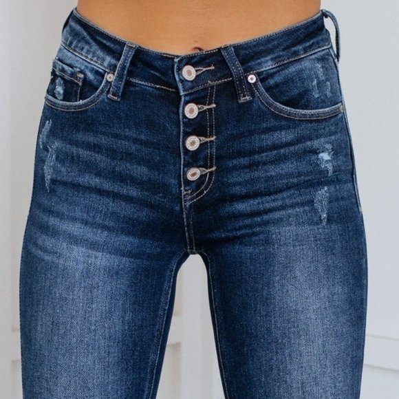 Kan Can Dark Wash Button Fly Flare Leg Jeans - Picture 4 of 10